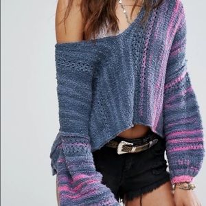 Free People amethyst crop top sweater off shoulder cable knit long sleeve blouse
